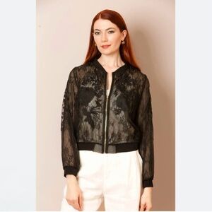 NWT Jessie Liu Iris Tulle Lace Combo Embroidered Silk Bomber Jacket Black XS